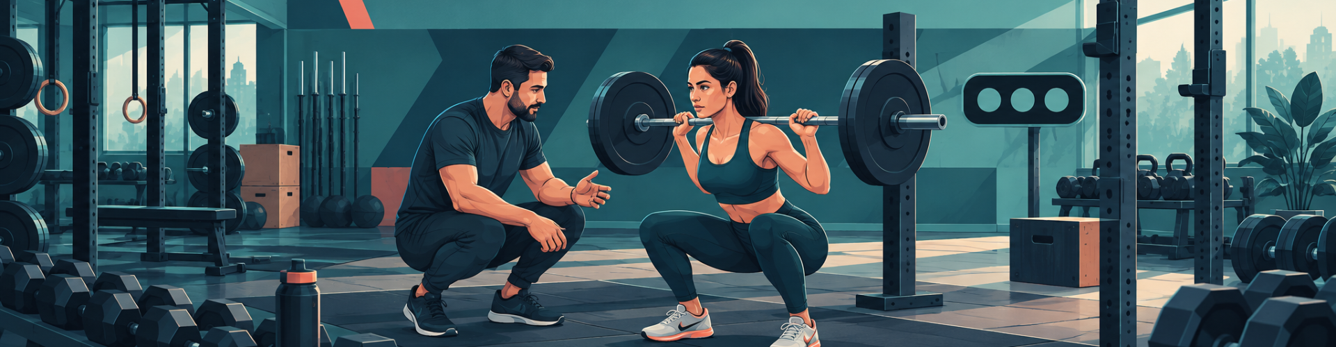 Entrenador y deportista realizan una sentadilla controlada en el gimnasio