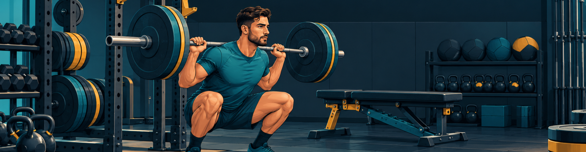 Ilustración panorámica de una persona haciendo una sentadilla con barra en un gimnasio