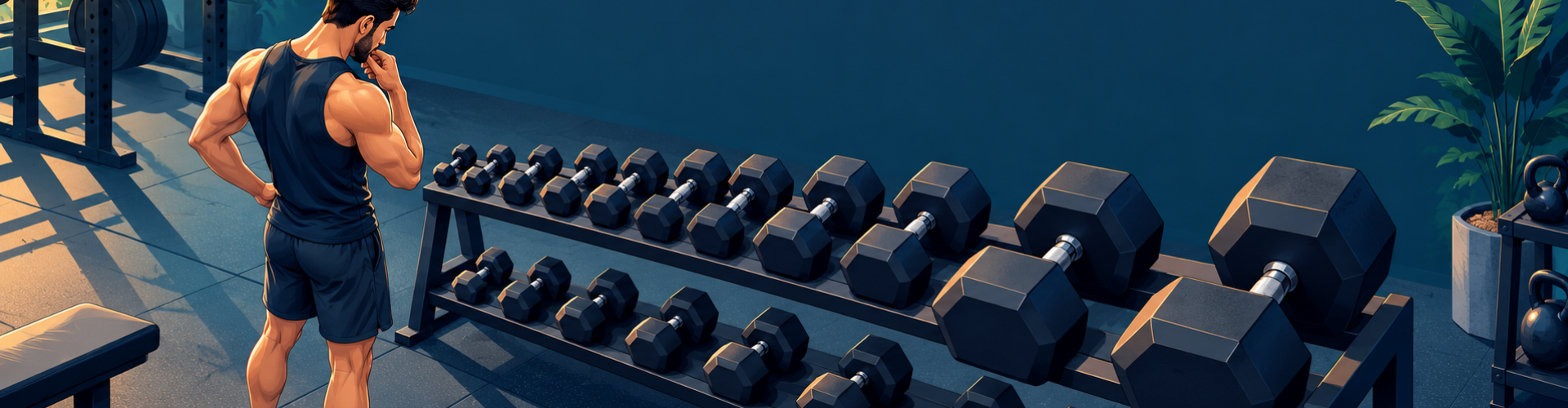 Persona comparando pares de mancuernas con distintos tamaños en el gimnasio