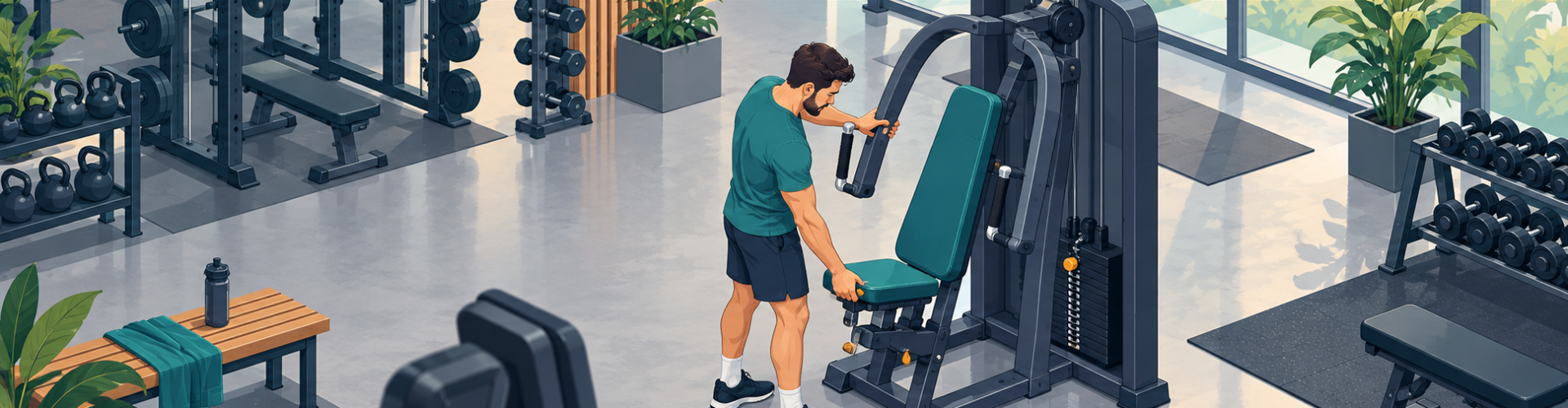 Persona ajustando una máquina de gimnasio antes de usarla por primera vez